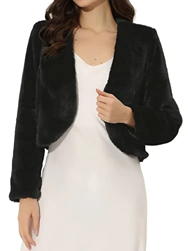 Cropped Jacket for Women's Faux Fur Long Sleeve Open Front Bolero Winter Coat Black M