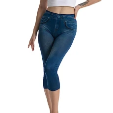Cropped Leggings for Women Denim Look High Waisted 3/4 Length Yoga Pants Ladies Elastic Slim Fit Capri Leggings Summer Fashion Streetwear Casual Stretchy Trousers Cropped Leggings for Women Denim Look High Waisted 3/4 Length Yoga Pants Ladies Elastic Slim Fit Capri Leggings Summer Fashion Streetwear Casual Stretchy Trousers