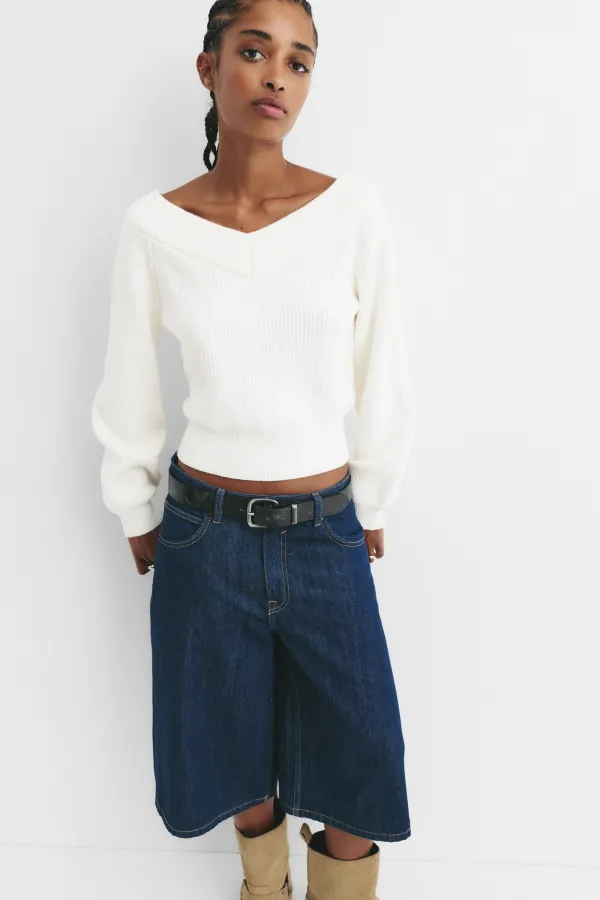 Cropped Purl Knit Sweater - Ecru