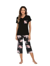 Cropped pyjamas for women Supersoft V Neck Pyjamas Sets Short Sleeve Sleep V Neck Tee and Comfort Cropped Pant 2 Pieces with Elastic Black XL Cropped pyjamas for women Supersoft V Neck Pyjamas Sets Short Sleeve Sleep V Neck Tee and Comfort Cropped Pant 2 Pieces with Elastic Black XL