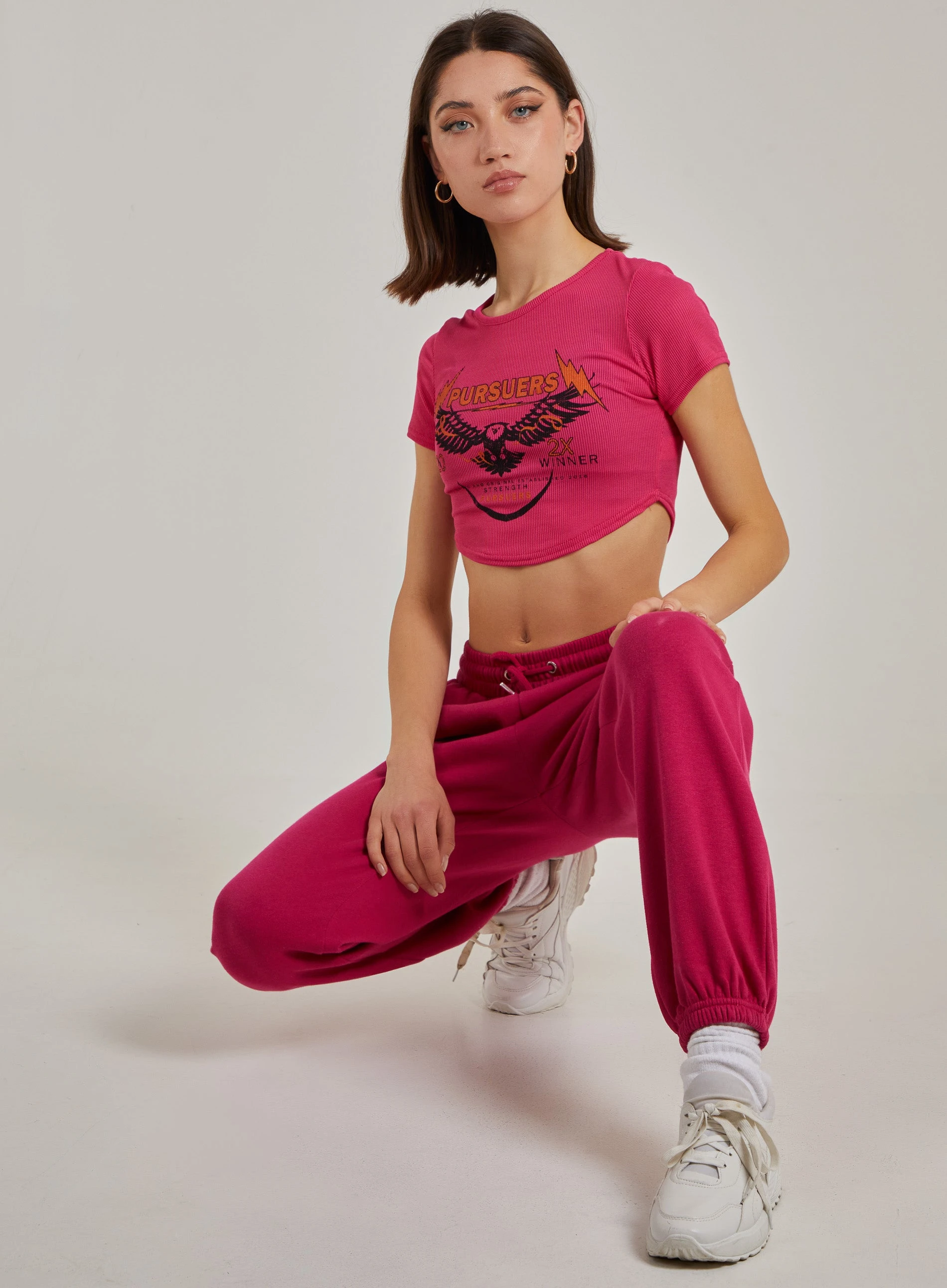 Cropped Ribbed Band Tee  - S/M  - Hot Pink