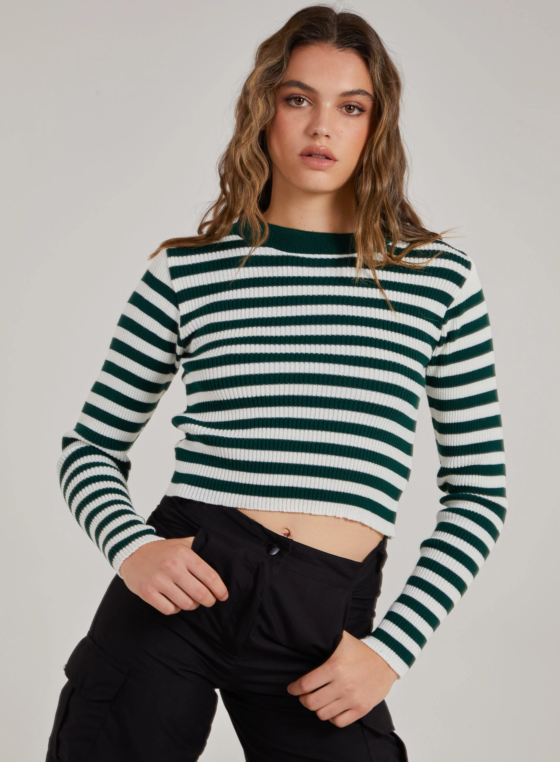 Cropped Striped Knit Jumper  - S/M  - Bottle Green