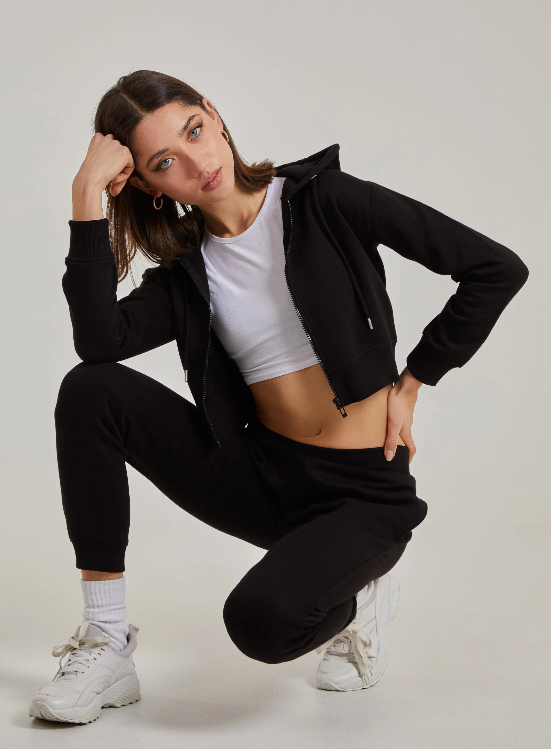 Cropped Zip Through Hoodie  - L  - Black