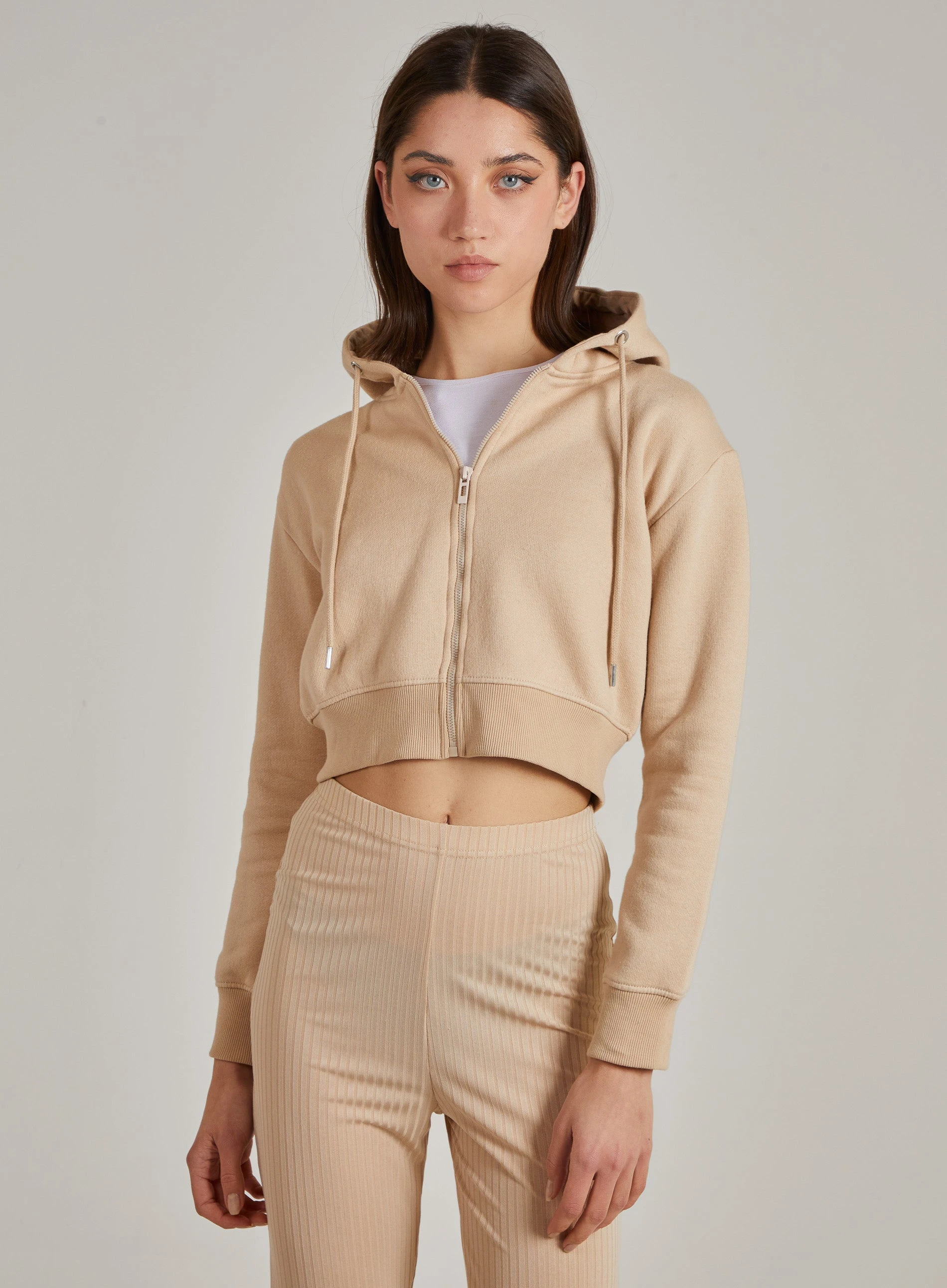 Cropped Zip Through Hoodie  - S  - Stone