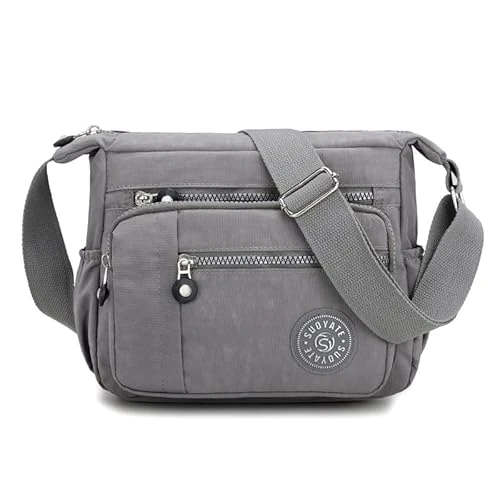 Cross body Bag Women Multi Pocket Lightly Nylon Messenger Bag Waterproof Shoulder Bag Travel Handbag (Grey)