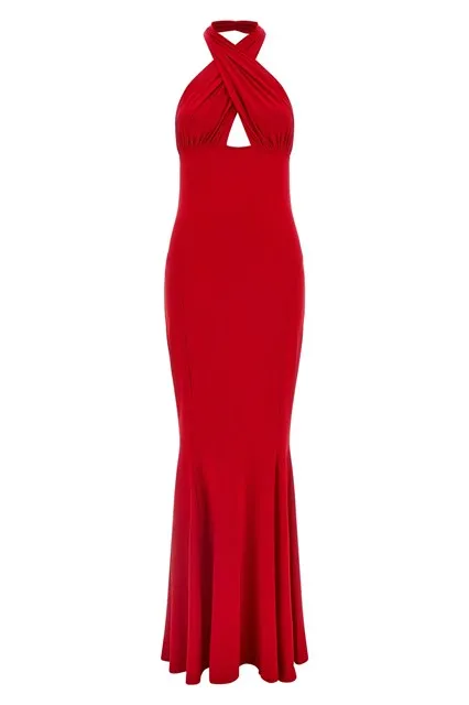 Cross Halter Fishtail dress - Red