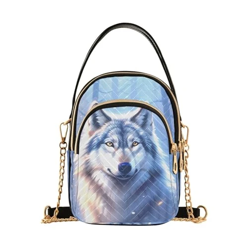 Crossbody Bag for Women Wolf Winter Forest Handbag Small Shoulder Bag with Detachable Chain Strap Multiple Pockets