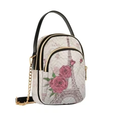 Crossbody Bags for Women Romantic Paris Eiffel Tower Rose Flowers Women's Cross Body Bags Pu Leather Handbags Small Shoulder bag with Adjustable Multi Pocket