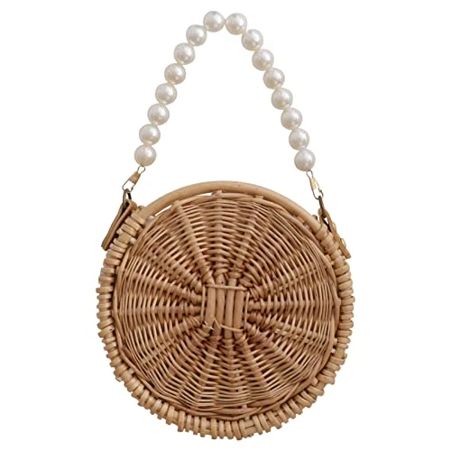 Crossbody Purses Crossbody Straw Woven Messenger Bag Basket Round Pearl Strap Handel Hollow Drawstring Summer Shoulder Beach Crossbody Handbag (Khaki) Womens Purses Women