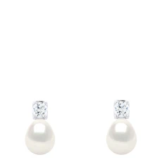 Cubic Zirconia "Solitaire" Earrings With Real Cultured Freshwater Pearl Pear mm - White