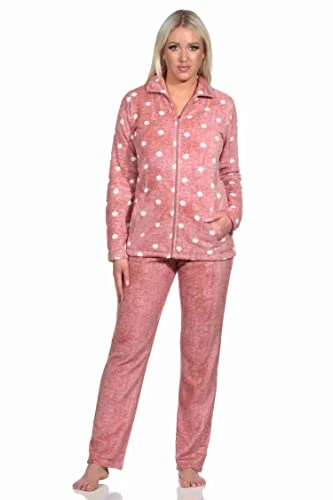 Cuddly warm women's leisure suit made of coral fleece in great polka dot look, pink, Large