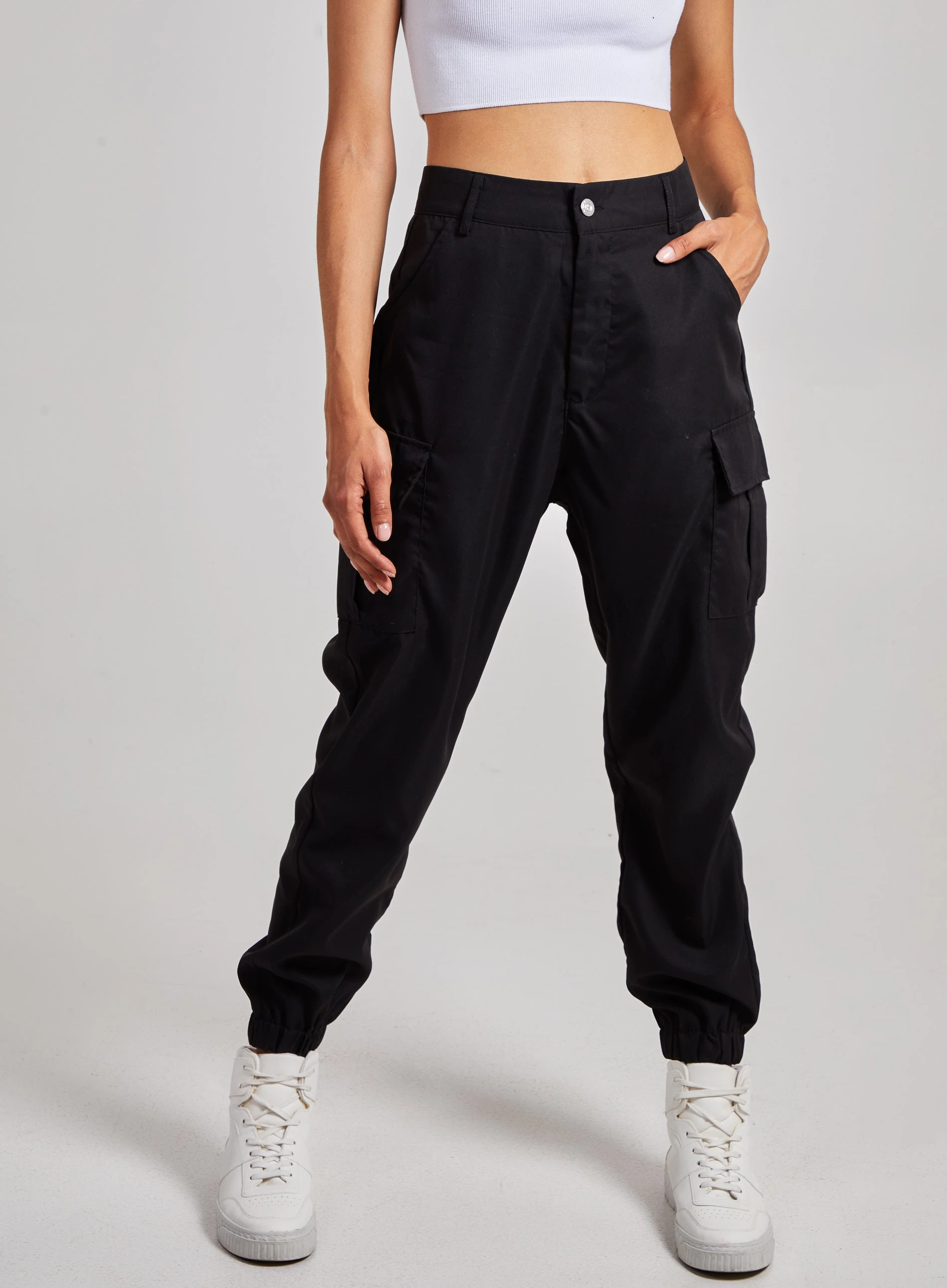 Cuffed Cargo Trousers  - M  - Black