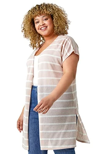 Curve Longline Striped Cardigan for Women UK - Ladies Everyday Holiday Spring Summer Short Sleeves C