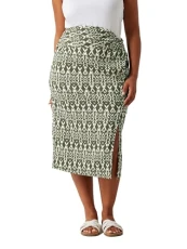 Curve Olive Ikat Print Crinkle Midi Skirt - Women's - Plus Size Curve Curve Olive Ikat Print Crinkle Midi Skirt - Women's - Plus Size Curve