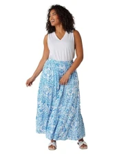 Curve Tile Print Tiered Maxi Skirt - Women's - Plus Size Curve Blue Curve Tile Print Tiered Maxi Skirt - Women's - Plus Size Curve Blue