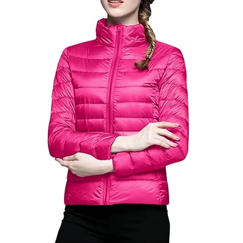 Curvy Women's Winter Down Jacket 2024 Winter Jackets Short Quilted Down Jacket Plus Size Warm Jackets Screwed Ultralight Heavy Winter Jacket Women Windproof and Pockets, Hot Pink, M