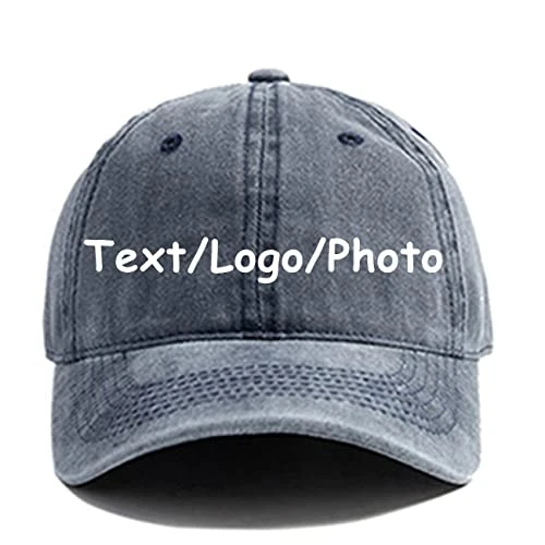 Custom Your Picture Text Logo Unisex Vintage Washed Personalized Plain Adjustable Denim Hat Baseball Cap for Men & Women (A-Navy)