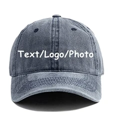 Custom Your Picture Text Logo Unisex Vintage Washed Personalized Plain Adjustable Denim Hat Baseball Cap for Men & Women (A-Navy)