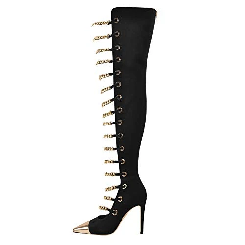 Cut Out Knee High Boots Steel-Toe Backside Zippers Stiletto Heeled Booties for Summer Wearing Black