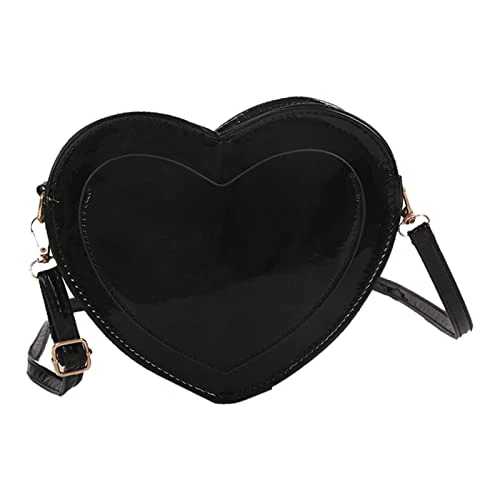Cute Love Heart Shape Shoulder Bag Glossy PU Leather Casual Adjustable Detachable Shoulder Strap Fashion Satchel Purse for Women Ladies, Black
