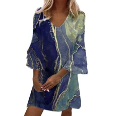 Cute Sheath Dress for Women with Bell Sleeves, Three Layer Ruffle V-Neck Loose Mini Dress with Swing Print Wrap Dress Women Summer Dress For Women Dress Women Elegant Sexy, navy, M