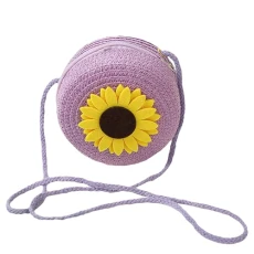 Cute Sunflower Round Straw Bag Crossbody Shoulder Bag Bohemian Beach Bag with Zipper SN0707283-A Purple Medium