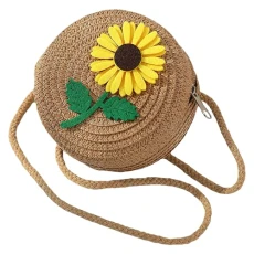 Cute Sunflower Round Straw Bag Crossbody Shoulder Bag Bohemian Beach Bag with Zipper SN0707283-B Brown Medium