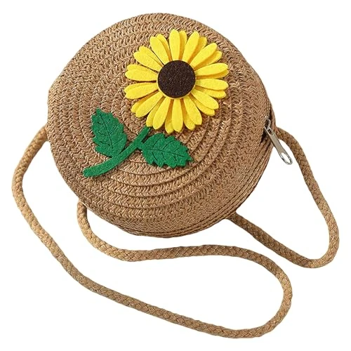 Cute Sunflower Round Straw Bag Crossbody Shoulder Bag Bohemian Beach Bag with Zipper SN0707283-B Brown Medium