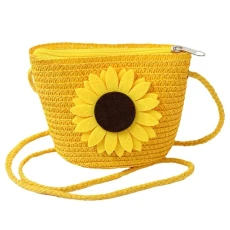 Cute Sunflower Shell Shaped Straw Bag Crossbody Shoulder Bag Bohemian Beach Bag with Zipper SN0707283-2-A Yellow Big