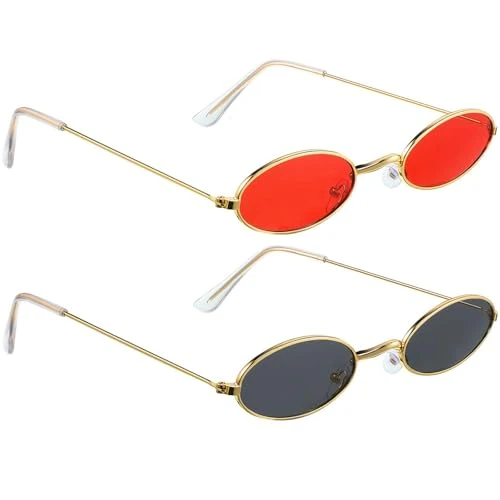 CVNRCLP 2 Pairs Vintage Oval Sunglasses - Stylish Mini Round Eyewear for Women, Girls, and Men - Retro Small Oval Glasses