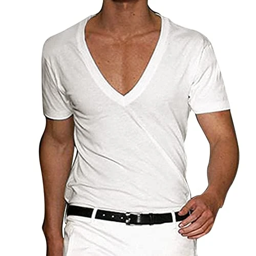 Daily Deals  Mens Plain T Shirts Neck Solid Color Pullover Casual Men T Shirt Sexy Deep V Neck Slim 