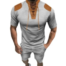 Daily Deals Mens Suits Short Sleeve Quarter Drawstring Pullover Tops with Shorts Solid Color Printed Stand Collar with Patch Blouse Summer Fashion Set Casual Sports Suits for Outd Sale Clearance 1P