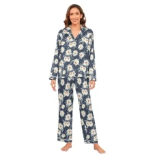 Daisy Floral Print Flower Women's Satin Pyjamas Set Long Sleeve Button Down Sleepwear M Multicolor
