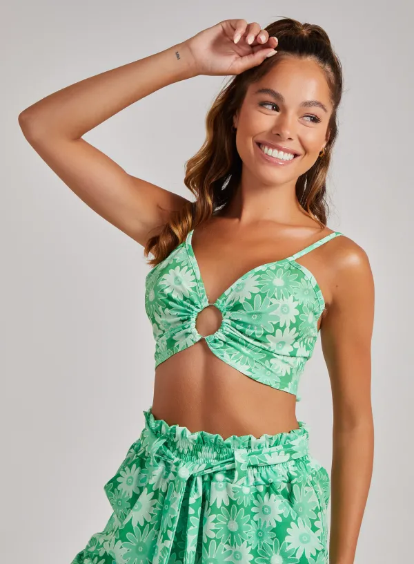 Daisy Print Tie Back Crop Top - 14 - Green