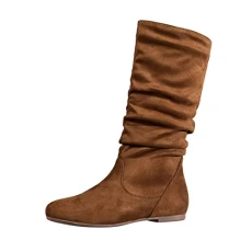 Dance Heels Ladies Fashion Solid Color Suede Pleated Pile Boots British Flat Bottom Boots Ladies Boots Size 9 (Brown, 6.5)