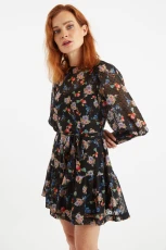 Daphne Carpathian Florals Print Shirred Cuff Tie Waist Mini Dress - Black