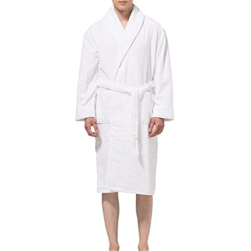 Dario Mens Luxury Waffle Knit Cotton Bathrobe Shawl Collar Hotel Spa Robe White M/L