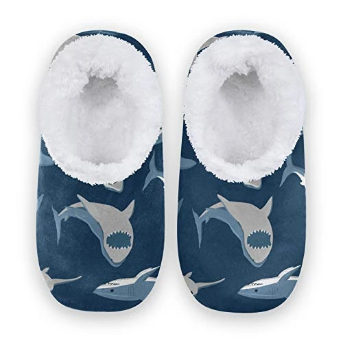 Dark Blue Fish Shark House Fleece Slippers Comfy Bedroom Shoes Anti-Slip for Men UK 8-9