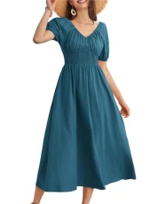 Dark Blue Maxi Dress for Ladies Summer Short Puff Sleeve V Neck Ruched Wedding Guest Victorian Dresses for Women M Size 14 Dark Blue Maxi Dress for Ladies Summer Short Puff Sleeve V Neck Ruched Wedding Guest Victorian Dresses for Women M Size 14
