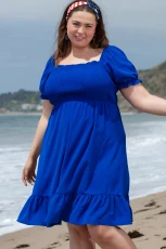Dark Blue Shirred Ruffled Square Neck Plus Size Mini Dress - DARK BLUE / 1X / 100%POLYESTER