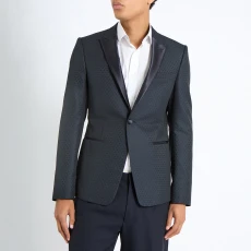 Dark Blue Textured Wool Blend Blazer - Navy Dark Blue Textured Wool Blend Blazer - Navy