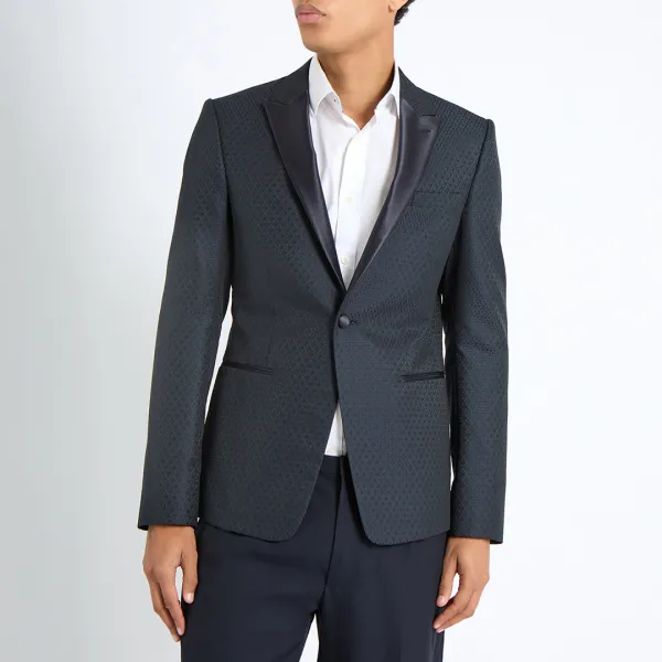 Dark Blue Textured Wool Blend Blazer - Navy