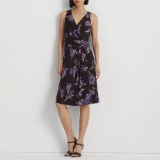 Dark Blue Wrap Floral Dress - Brown