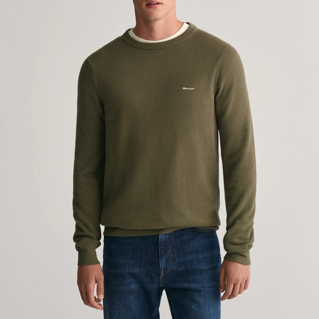 Dark Green Cotton Pique C-Neck Jumper