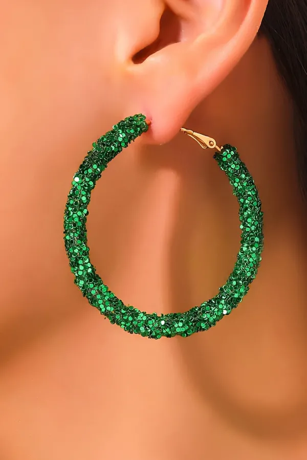 Dark Green St Patricks Fashion Daring Sequin Loop Earrings - DARK GREEN / ONE SIZE / MIXED MATERIAL