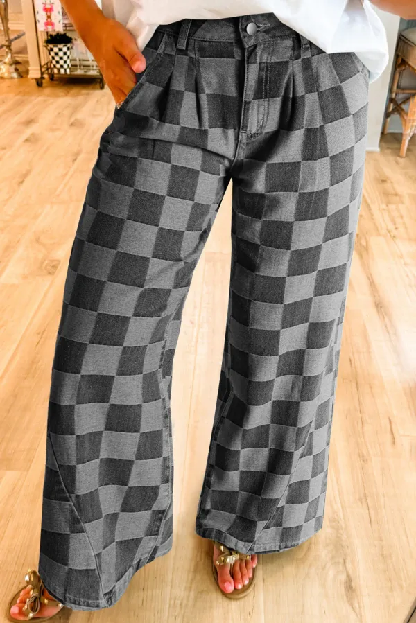 Dark Grey Checkered Denim Wide Leg Jeans - DARK GREY / / %POLYESTER+%COTTON - DARK GREY