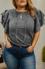 Dark Grey Double Ruffled Short Sleeve Plus Size Top - Dark Grey / 1X