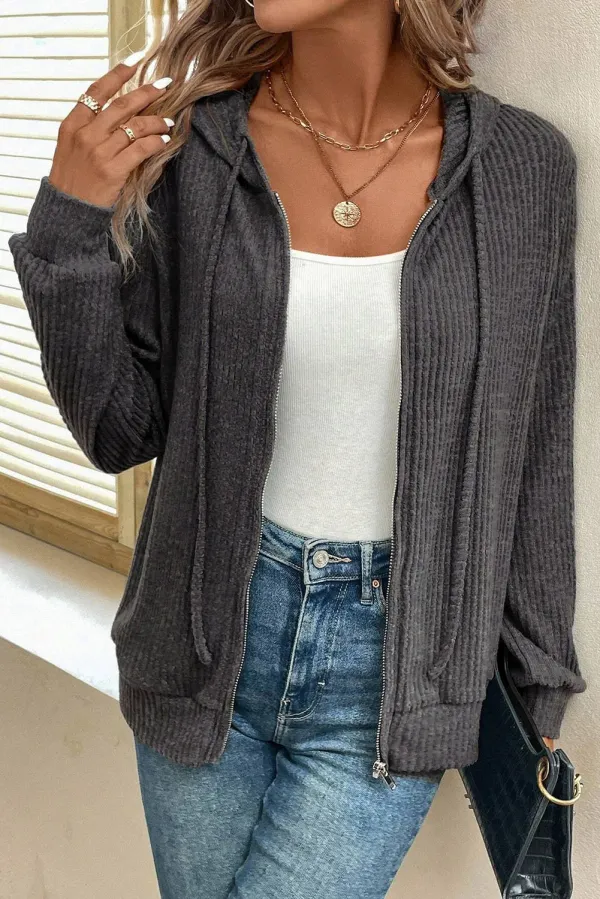 Dark Grey Ribbed Zip Up Front Drawstring Hoodie - DARK GREY / / 85%POLYESTER+%VISCOSE+%ELASTANE - DARK GREY