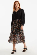 Dasha Carpathian Florals Print Tiered Midi Skirt - Black