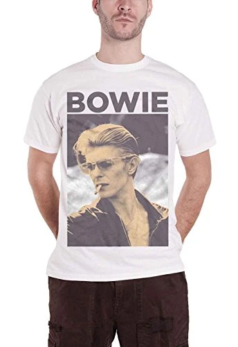 David Bowie Men's Smoking Short Sleeve T-Shirt, White, Large